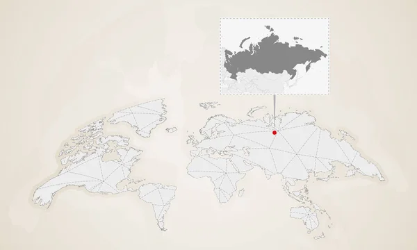 隣国ロシアの地図は世界地図上に固定されます 抽象的な三角形の世界地図 — ストックベクタ