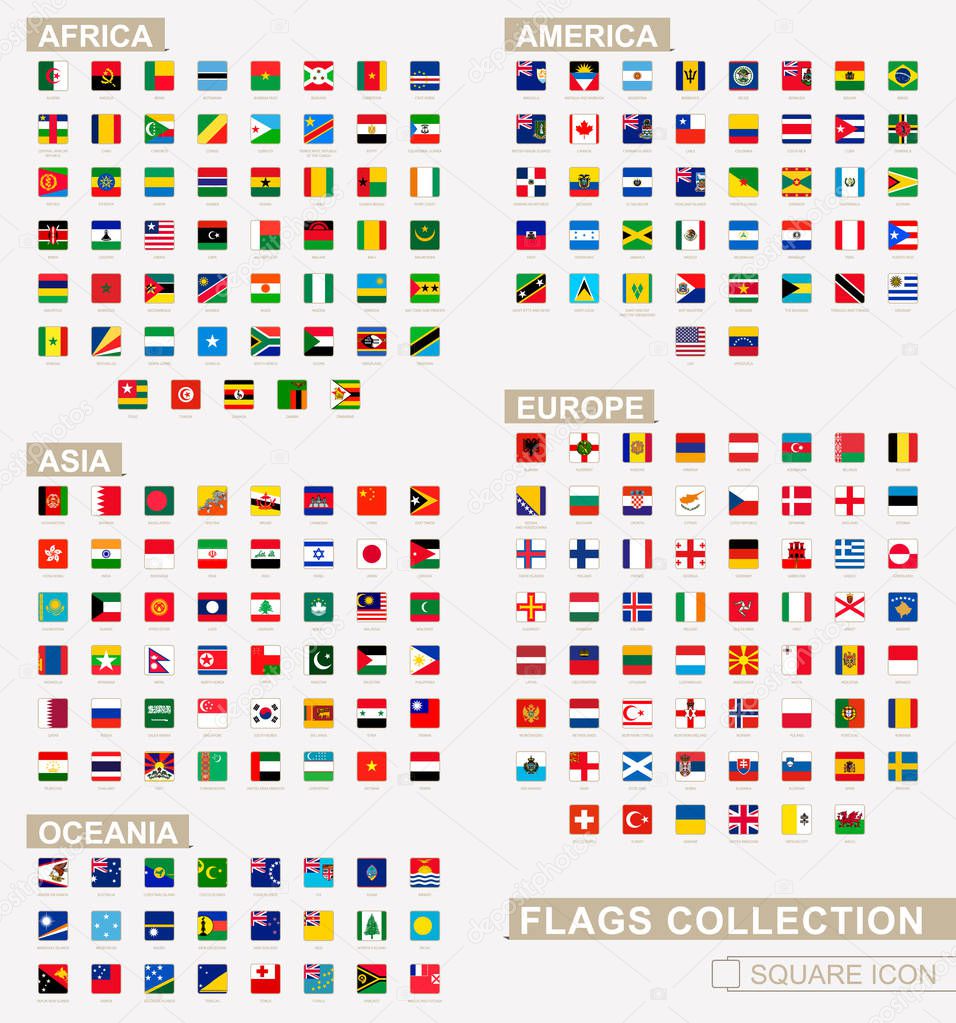 Square flags of the World, collection sorted by continents and alphabetical. Vector Illustration.