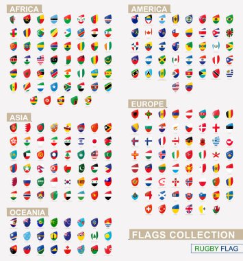 Dünya Ragbi tarzı bayrağı. Büyük Rugby Icon set. Adları ile dünya bayrak.