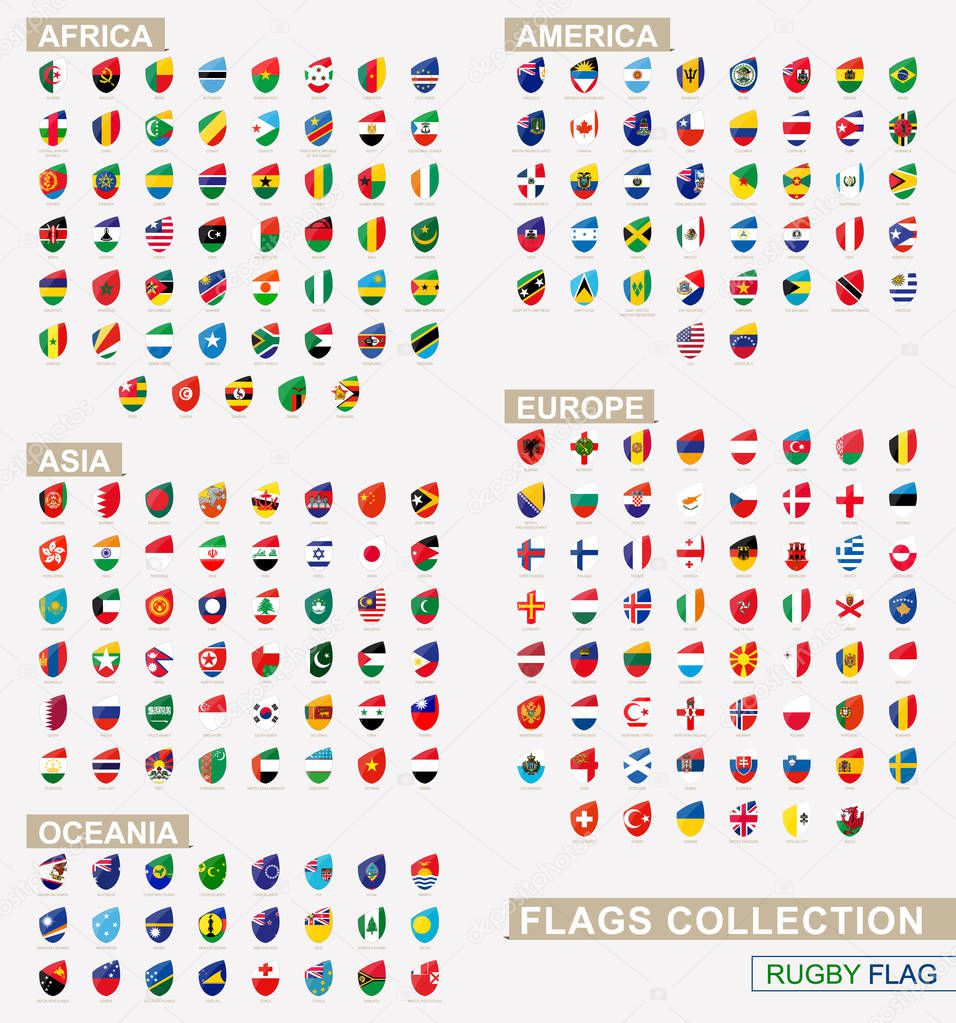 Flag of the World in Rugby style. Big Rugby icon set. World flag with names.