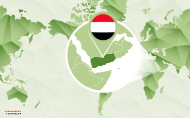 Amerika merkezli Dünya Haritası ile büyütülmüş Yemen harita. Yeşil poligonal Dünya Haritası.