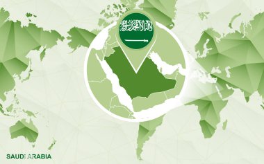 Amerika merkezli Dünya Haritası ile büyütülmüş Suudi Arabistan harita. Yeşil poligonal Dünya Haritası.