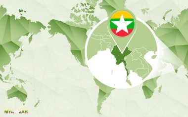 Amerika merkezli dünya haritası büyütülmüş Myanmar Haritası ile. Yeşil poligonal Dünya Haritası.