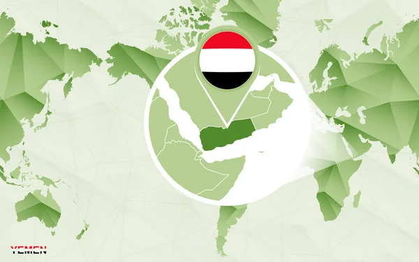 拡大されたイエメン地図をアメリカ中心の世界地図 緑の多角形の世界地図 — ストックベクタ