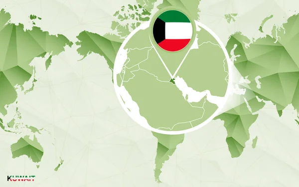 Amerika Zentrierte Weltkarte Mit Vergrößerter Kuwait Karte Grüne Polygonale Weltkarte — Stockvektor