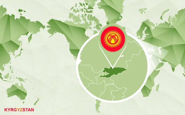 Amerika Zentrierte Weltkarte Mit Vergrößerter Kyrgyzstan Karte Grüne Polygonale Weltkarte — Stockvektor