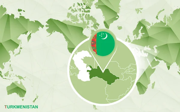 Amerika Merkezli Dünya Haritası Ile Büyütülmüş Türkmenistan Harita Yeşil Poligonal — Stok Vektör