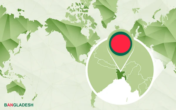 Amerikai Központú Világtérkép Nagyított Banglades Megjelenítése Zöld Sokszögű Világ Térkép — Stock Vector
