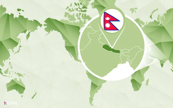 America centric world map with magnified Nepal map. Green polygonal world map.