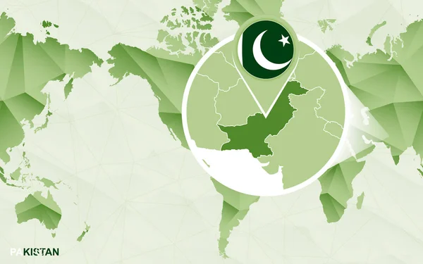 Amerika Centrerad Världskarta Med Förstorade Pakistan Karta Gröna Polygonal Världskarta — Stock vektor