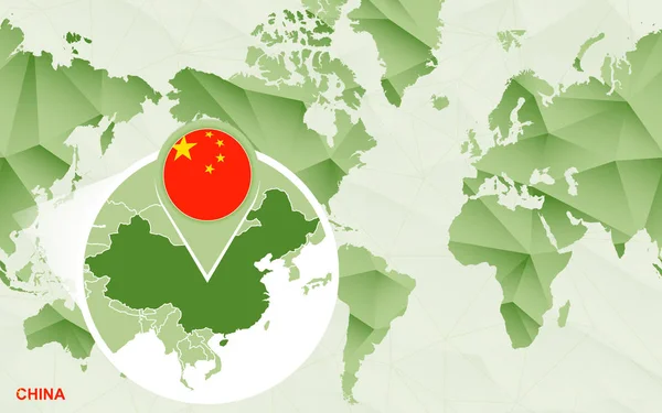 Amerika Zentrierte Weltkarte Mit Vergrößerter China Karte Grüne Polygonale Weltkarte — Stockvektor