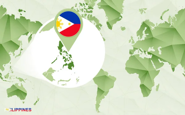 拡大フィリピン地図アメリカ中心の世界地図 緑の多角形の世界地図 — ストックベクタ