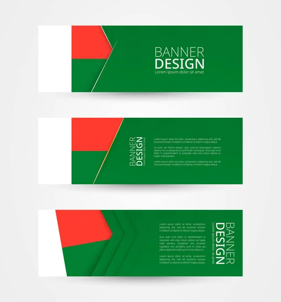 Conjunto Tres Pancartas Horizontales Con Bandera Madagascar Plantilla Diseño Banner — Archivo Imágenes Vectoriales