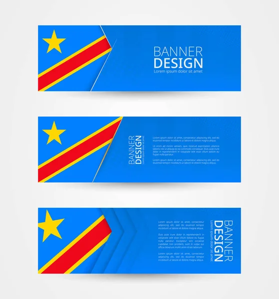 Set of three horizontal banners with flag of DR Congo. Web banner design template in color of DRC flag. Vector illustration.