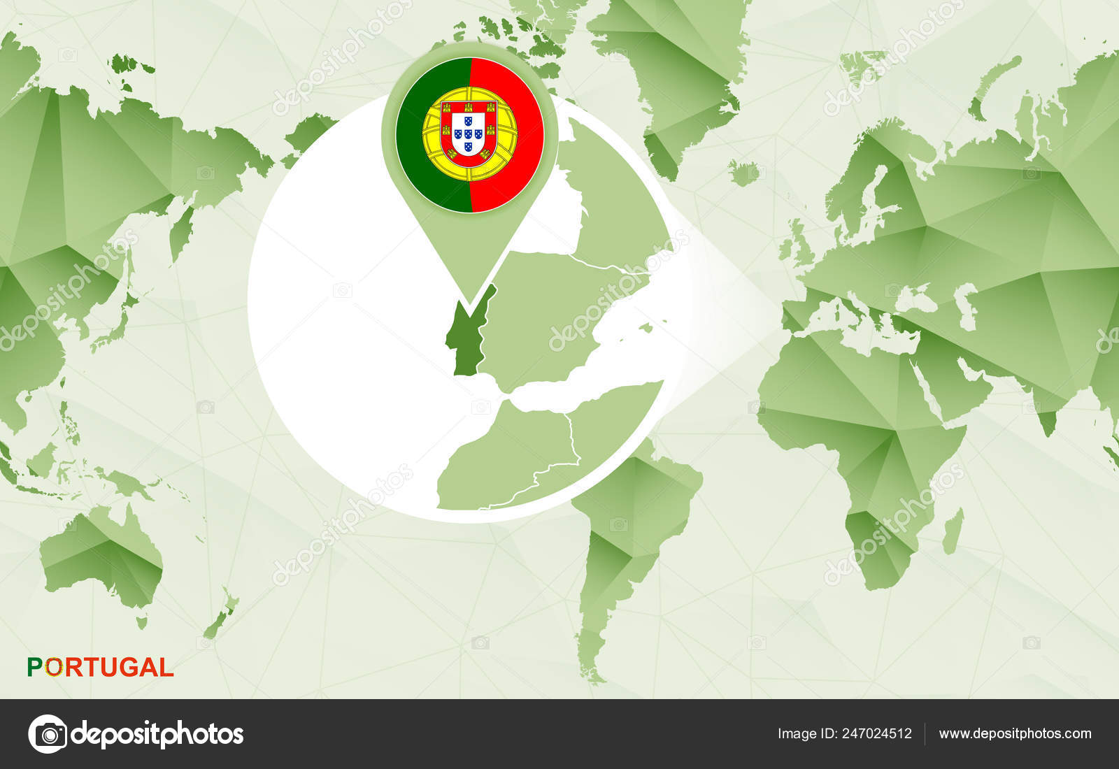 World map with magnified Portugal. Portugal flag and map Stock