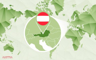 Amerika merkezli Dünya Haritası ile büyütülmüş Avusturya harita. Yeşil poligonal Dünya Haritası.