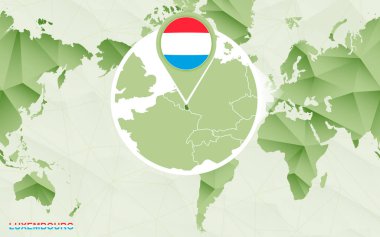 Amerika merkezli Dünya Haritası ile büyütülmüş Lüksemburg göster. Yeşil poligonal Dünya Haritası.