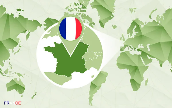 Amerika Zentrierte Weltkarte Mit Vergrößerter Frankreich Karte Grüne Polygonale Weltkarte — Stockvektor