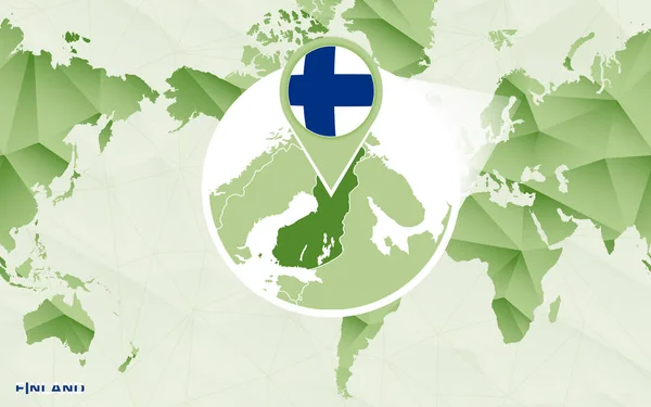 Mapa Centric Świata Ameryka Powiększoną Mapę Finlandia Mapa Zielony Wielokątne — Wektor stockowy