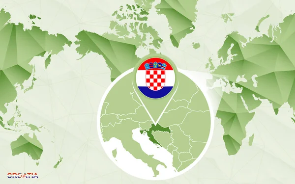 America Centric World Map Magnified Croatia Map Green Polygonal World — Stock Vector