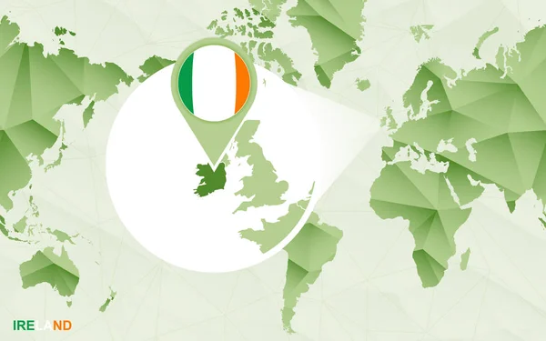 拡大されたアイルランドの地図をアメリカ中心の世界地図 緑の多角形の世界地図 — ストックベクタ