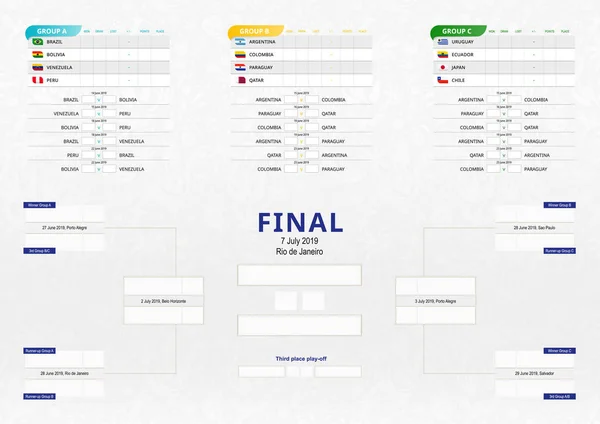 Calendario de partidos vectoriales del torneo de fútbol de América del Sur, todos los partidos tiempo y lugar . — Vector de stock