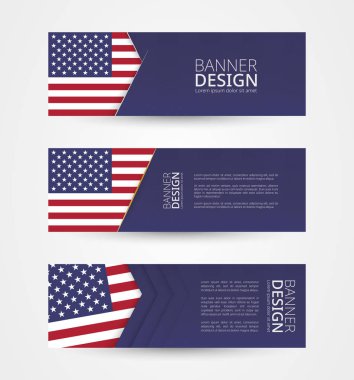 Üç yatay afiş kümesi ABD bayrağı ile. Amerika Birleşik Devletleri bayrağı rengini Web afiş tasarım şablonu. Vektör çizim.