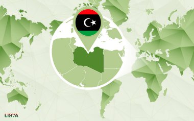 Amerika merkezli Dünya Haritası ile büyütülmüş Libya Haritası. 