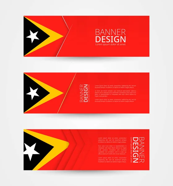 Conjunto de tres pancartas horizontales con bandera de Timor Oriental. Plantilla de diseño de banner web en color de la bandera de Timor Oriental . — Archivo Imágenes Vectoriales