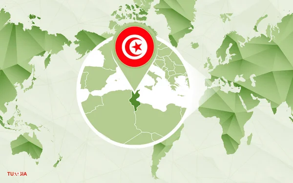 Mapa del mundo centrado en América con magnificado mapa de Túnez . — Vector de stock