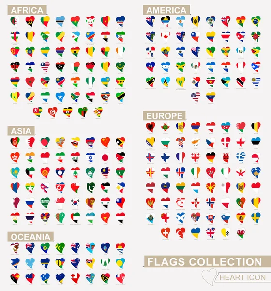 Szív ikon készlet-val a zászlók a világ zászlók rendezve betűrendben. Vektoros zászlók. — Stock Vector