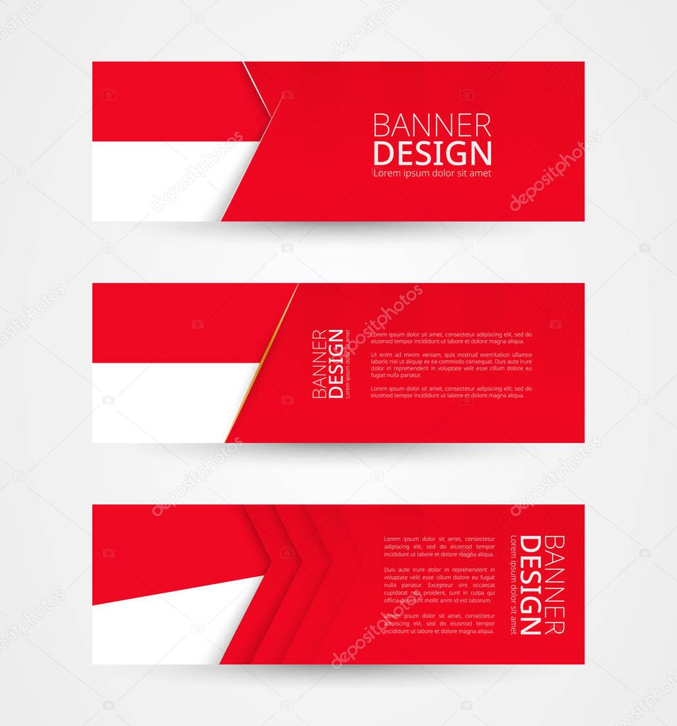 Set of three horizontal banners with flag of Indonesia. Web banner design template in color of Indonesia flag.
