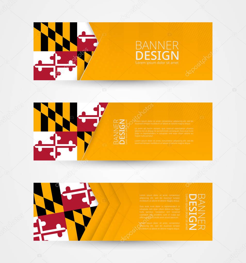 Set of three horizontal banners with US state flag of Maryland. 
