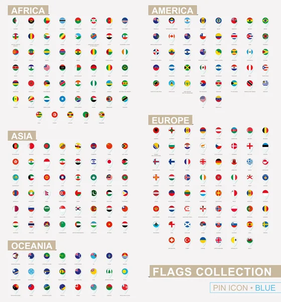 Gran conjunto de icono de pin azul con banderas de África, Asia, Oceanía, América y Europa ordenados alfabéticamente . — Archivo Imágenes Vectoriales