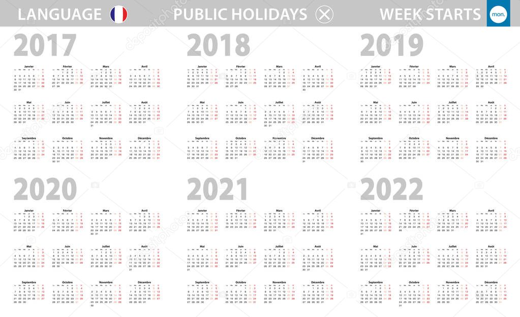 Calendar In French Language For Year 17 18 19 21 22 Week Starts From Monday Vector Calendar Premium Vector In Adobe Illustrator Ai Ai Format Encapsulated Postscript Eps Eps Format