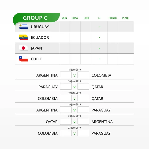 Calendario de partidos del Grupo C, todos los partidos, hora y lugar . — Vector de stock