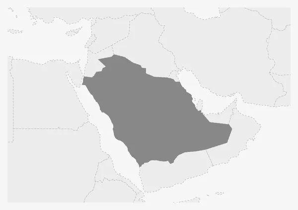 Mapa de Oriente Medio con el mapa de Arabia Saudita resaltado — Vector de stock