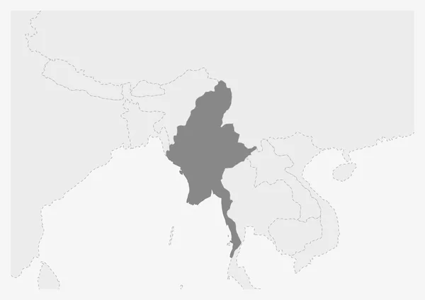 Mapa de Asia con el mapa de Myanmar resaltado — Vector de stock