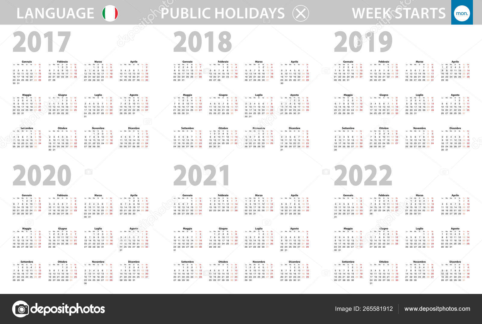 Calendar In Italian Language For Year 17 18 19 21 22 Week Starts From Monday Stock Vector Image By C Boldg