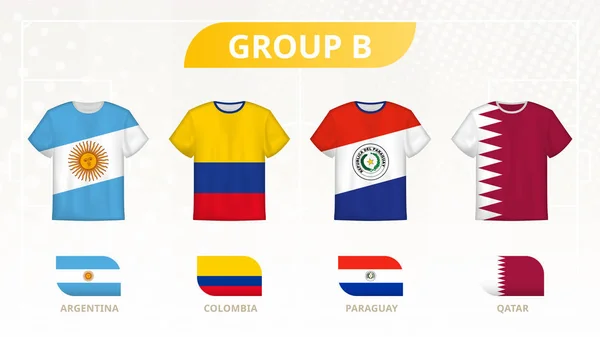 Fußball-T-Shirt mit Fahnen, Mannschaften der Gruppe B: Argentinien, Kolumbien, Paraguay, Katar. — Stockvektor