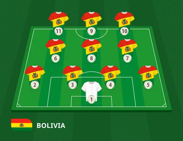 Campo de fútbol con equipo de Bolivia alineación . — Vector de stock