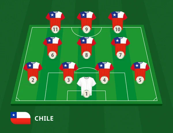 Campo de fútbol con equipo de Chile alineación . — Vector de stock