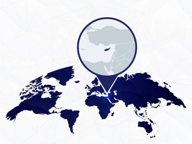 Mavi yuvarlak Dünya Haritası'nda vurgulanan Kıbrıs ayrıntılı haritası. 