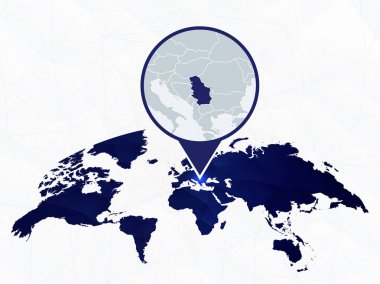 Sırbistan mavi yuvarlak Dünya Haritası'nda vurgulanan ayrıntılı harita. 