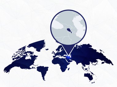 Ermenistan detaylı haritası mavi yuvarlak Dünya Haritası'nda vurgulandı. 