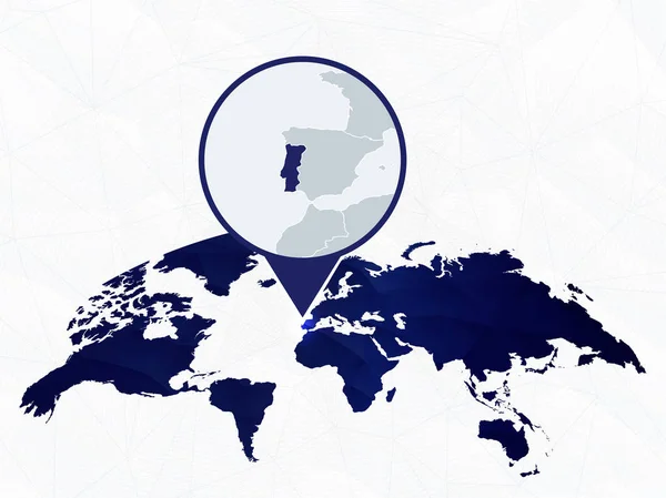 Portugal gedetailleerde kaart gemarkeerd op blauwe afgeronde wereld kaart. — Stockvector