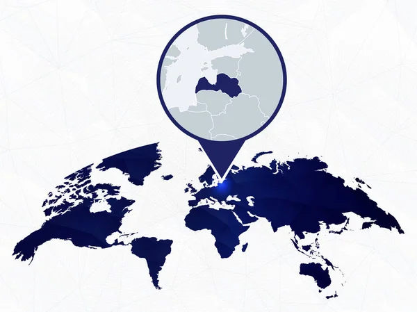 Łotwa Szczegółowa mapa podświetlona na niebiesko zaokrąglona mapa świata. — Wektor stockowy