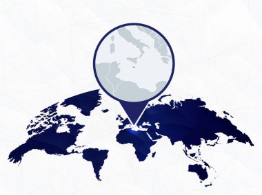 Malta detaylı harita mavi yuvarlak Dünya Haritası üzerinde vurgulanır. 