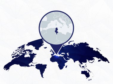 Tunus detaylı harita mavi yuvarlak Dünya Haritası üzerinde vurgulanır. 