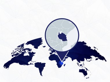 Tanzanya detaylı harita mavi yuvarlak Dünya Haritası üzerinde vurgulanır. 